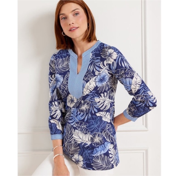 Talbots Tops - Talbots Blue Hibiscus Palms Tunic
